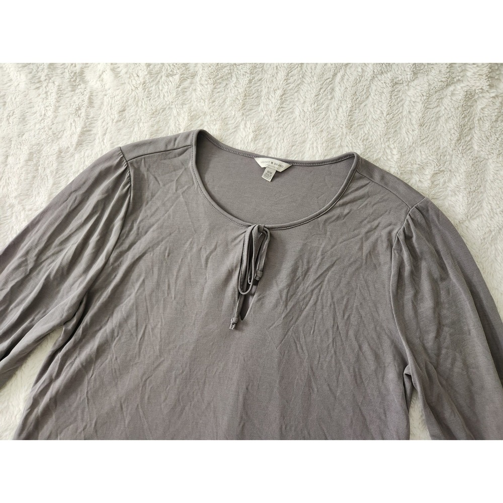Lucky Brand Women's Medium Taupe Modal Blend Keyhole Neck Smocked Cuff Blouse